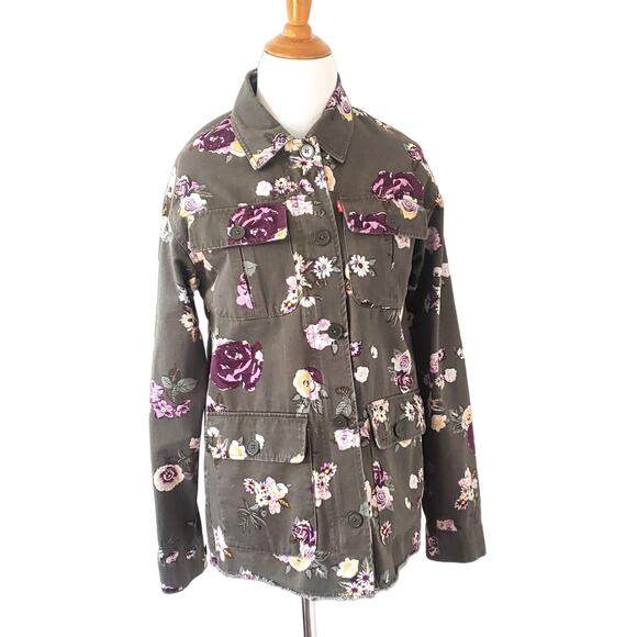 Levi's Floral Print Field Jacket Purple Army Green Flap Pockets Women XS - Picture 2 of 12